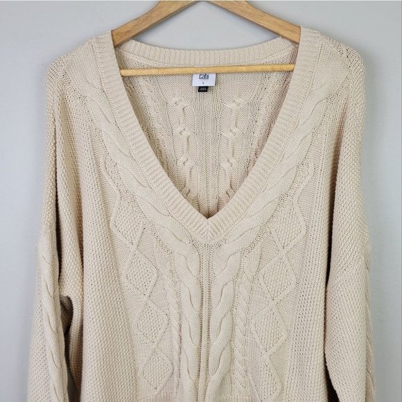 Cabi Cropped Cable Knit Pullover Sweater Vneck Neutral L - Picture 4 of 12